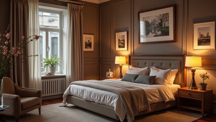 A serene retreat: plush gray headboard, crisp white bedding, and a soft gray throw blanket rest against a neutral-hued background