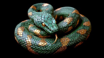 Fototapeta premium Green-skinned viper snake with golden highlights, part of a striking reptile series. 