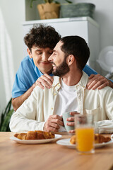 Cheerful morning breakfast shared by a loving gay couple in a modern apartment