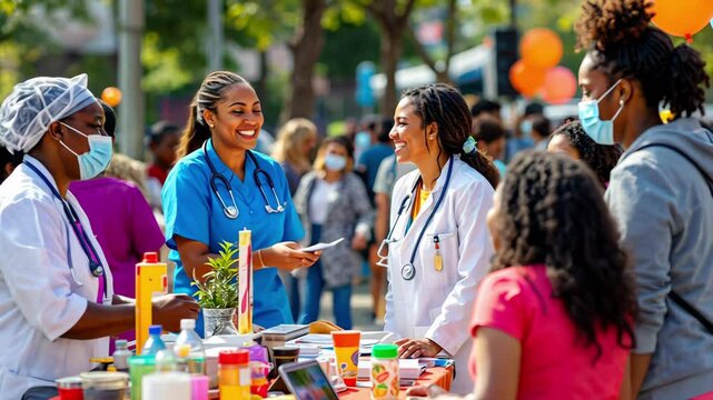 community health fair, with diverse healthcare professionals offering free screenings and consultations to attendees
