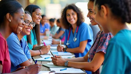 community health fair, with diverse healthcare professionals offering free screenings and consultations to attendees