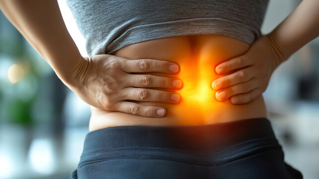 Close up of hands massaging lower back, relieving pain and tension