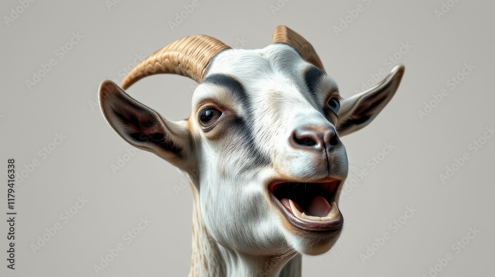 Wall mural goat sculpture with intricate details displayed against a neutral background capturing lively expres