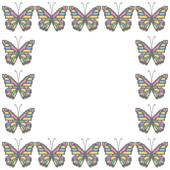 Vector card with cross stitch butterflies in bright colors on white background. Romantic summer background. Empty space for text or picture.