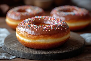 artisanal glazed chocolate doughnut with rainbow sprinkles captured in professional studio with cinematic lighting and soft focus background effect