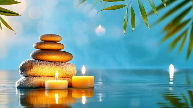 A beach scene with a candle and some towels on the water.Beauty spa concept. Wellness center.