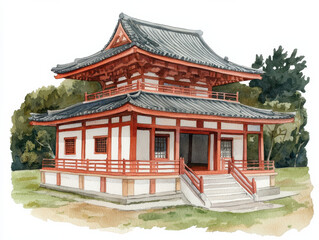 Obraz premium Traditional Japanese temple in watercolor, showcasing historical architecture