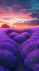 A heart-shaped path winding through a glowing field of lavender under a pastel Valentine’s sky