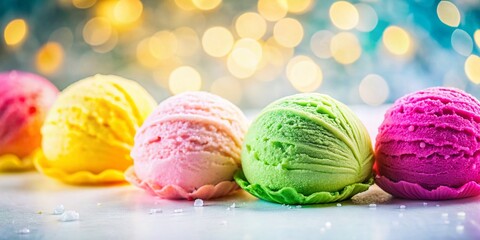 Creamy Ice Cream Scoops on White, Bokeh Background - Delicious Dessert Stock Photo