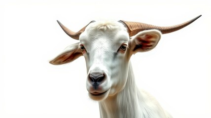 Naklejka premium Realistic depiction of a goat with prominent horns stands out against a white background showcasing its curious expression