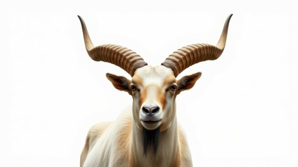 Majestic goat with impressive curved horns stands against a plain white background in a natural setting during daylight