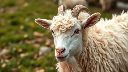 Obraz premium Curly-haired white goat gazes serenely in a lush green pasture under soft sunlight, surrounded by farm animals