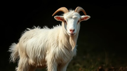 Obraz premium White goat with twisted horns stands calmly in a dark setting, showcasing its fluffy coat and curious expression during daylight