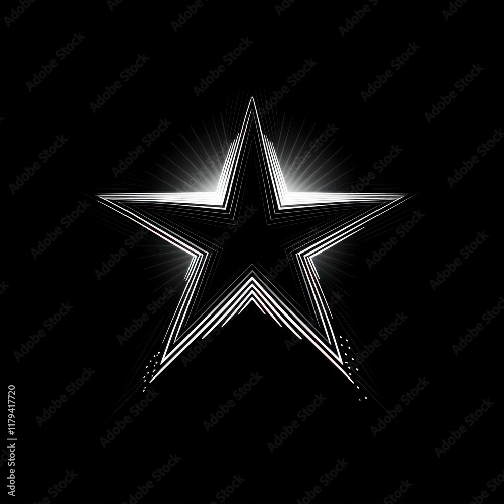 Poster simple vector star logo made of white lines on a black background, with glowing edges, high contrast