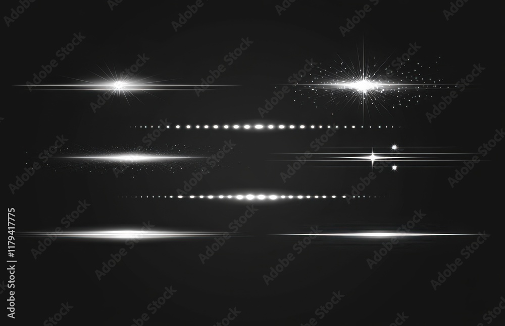 Poster white glowing light effect on black background, glowing lines isolated with lens flare and star dust