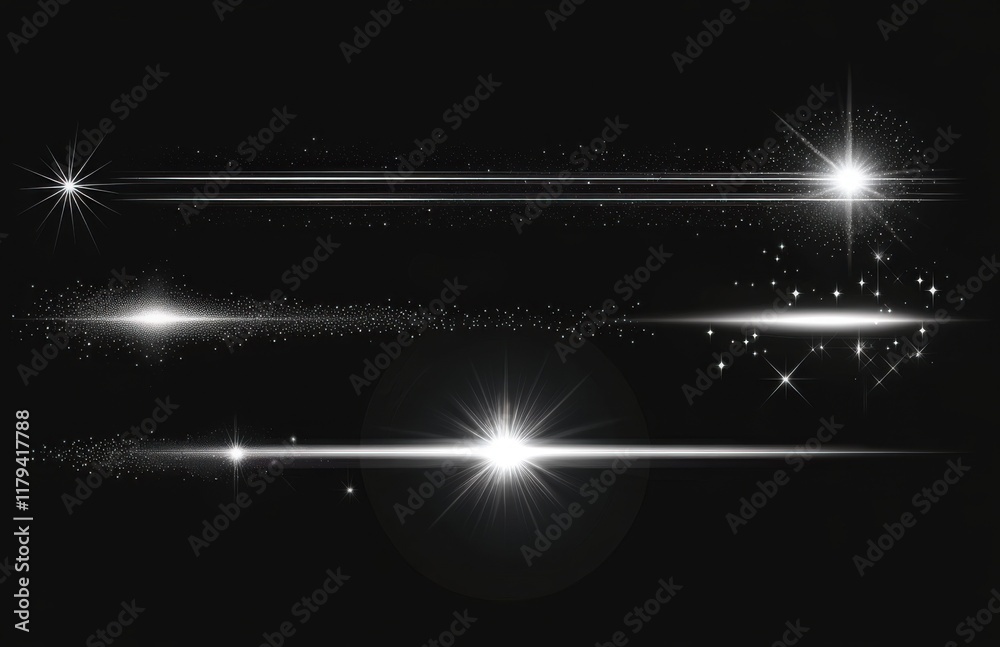 Aufkleber Abstract glowing light effects with white glare and stars on transparent background. Vector illustration of abstract glowing light effects with white glare, star stripes and sparkling sparks in motion