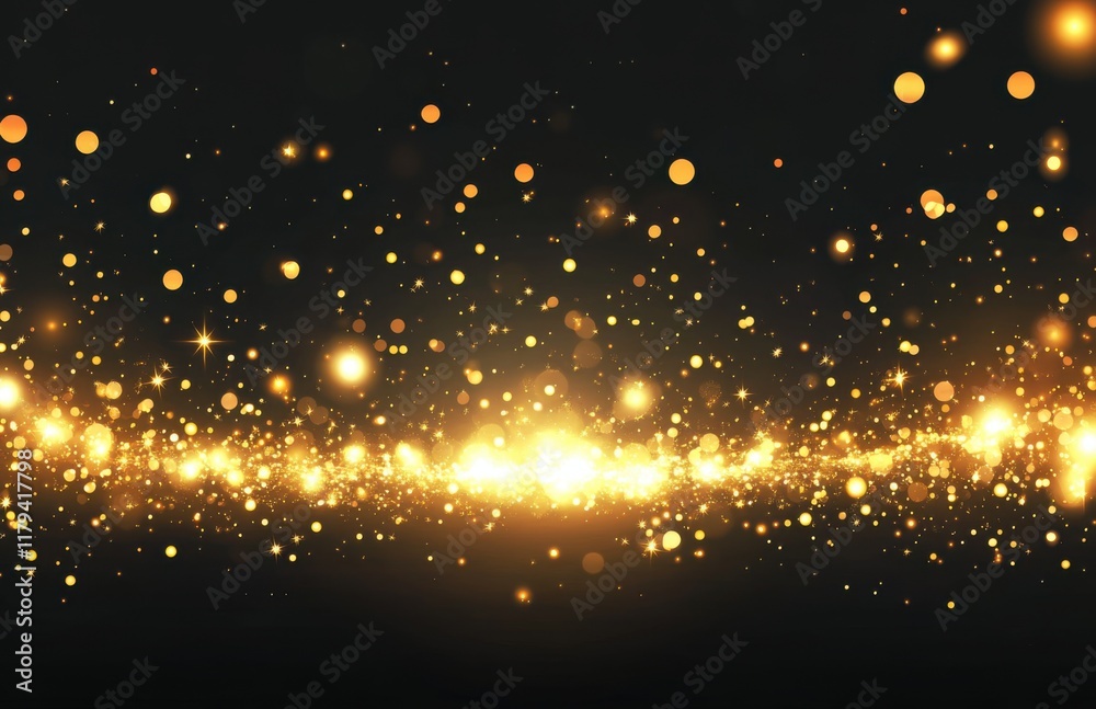 Poster abstract golden glitter lights background with a bokeh effect on a black background. shiny, glowing 