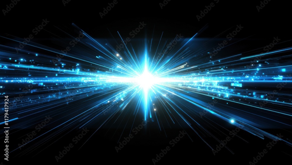 Aufkleber Abstract background of blue light rays with glowing laser beam and lens flare on black background. Dynamic energy explosion. Vector illustration for design, futuristic technology or science concept.