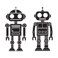 Fototapeta premium Retro-style robot illustrations, vintage robot designs, black and white robot graphics, classic robot vector art, robotic characters for tech-themed projects