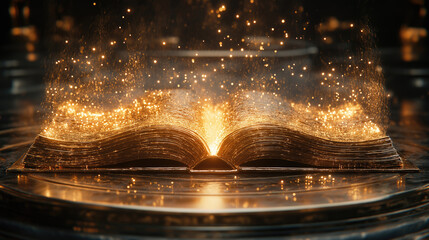Glowing magical book surrounded by enchanting golden sparks. The concept of mysticism, rituals, astrology, fortune-telling, shamanism, tarot, seers, clairvoyants
