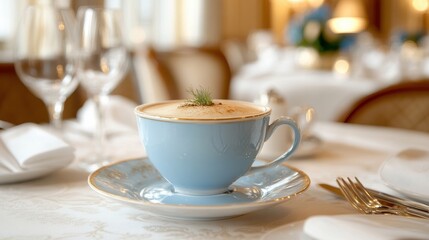 Elegant Blue Cup with Coffee on White Table in Fine Dining Setting
