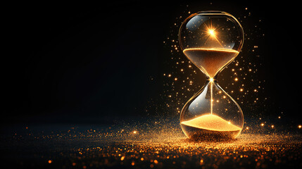 Golden hourglass with sparkling sand against a dark background reflecting the passage of time. The concept of mysticism, rituals, astrology, fortune-telling, shamanism, tarot, seers, clairvoyants