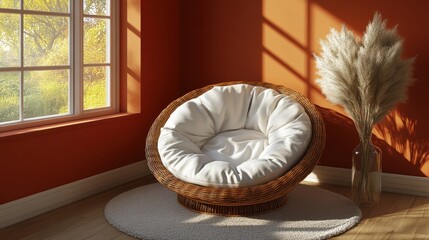 Cozy rattan chair with white cushion in warm orange interior space