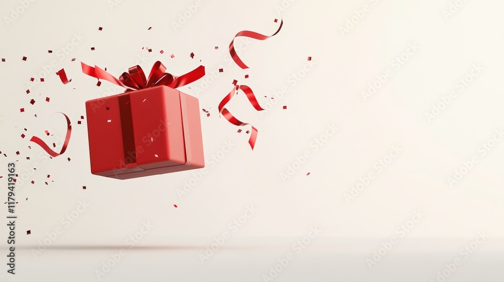 Aufkleber red gift box floating in the air with red ribbons and confetti on a white background. creating a fes