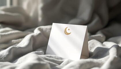 Golden Crescent Moon on a White Card Resting on Soft Fabric