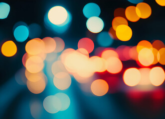 Fototapeta premium Colorful Bokeh Lights at Night Creating a Magical Urban Ambiance with Warm and Cool Hues
