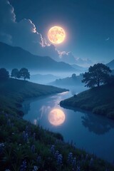 Shimmering moonlight illuminates misty landscape, landscape, ethereal