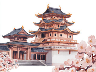Fototapeta premium Traditional Japanese shrine with cherry blossoms in watercolor art