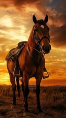 Obraz premium A horse in a cowboy outfit, standing in a desert with a warm sunset sky and room for text