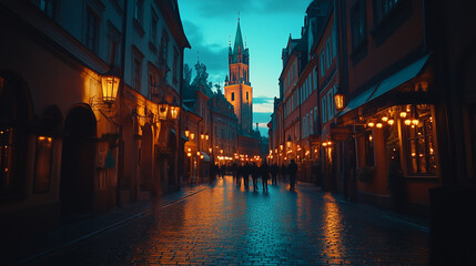 Fototapeta premium Enchanting Cobblestone Streets Illuminated by Warm Lights at Twilight