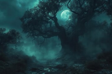 Obraz premium atmospheric dark forest scene with mysterious fog and eerie halloween elements ancient trees cast spooky shadows in moonlight