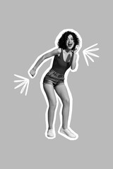 Vertical collage portrait of excited overjoyed girl dancing clubbing isolated on drawing yellow background