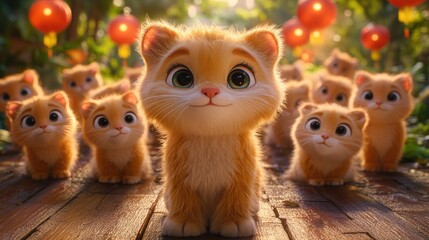 Fototapeta premium Group of adorable orange kittens with big eyes in a garden with lanterns. Chinese New Year
