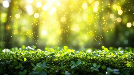 Obraz premium Lush Green Ground with Soft Sunlight and Sparkling Particles