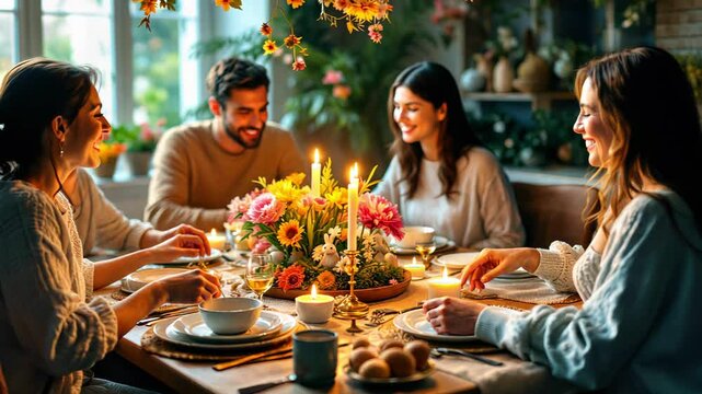Joyful Friends Gathering for a Cozy Candlelit Dinner with Floral Decor. Easter concept