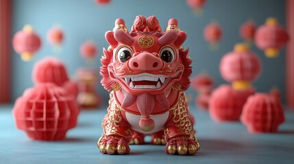 Adorable red chinese dragon figurine with festive lanterns in background. Chinese New Year