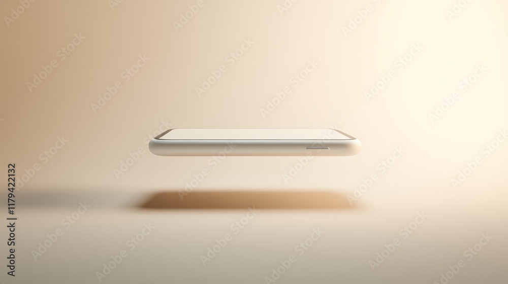 Poster Horizontal modern smartphone with blank screen levitating on a plain beige background casting a shadow, perfect for showcasing apps or designs in a minimalist and futuristic style