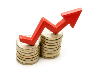 Stack of coins with rising arrow. Concept of growth upward economy