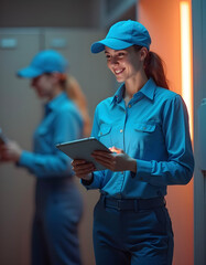 Fototapeta premium Female Logistics Worker Using a Tablet in a Modern Warehouse