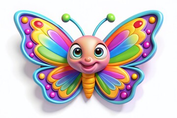 Cute 3D Cartoon Butterfly Sticker, Vibrant Colors, Isolated on White Background