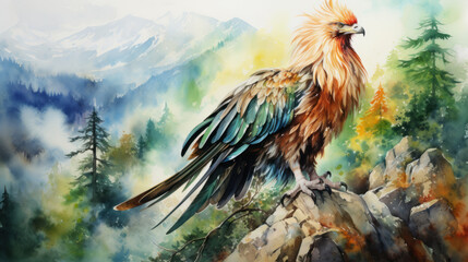 Fototapeta premium Majestic Chinese phoenix perched on mountain peak, surrounded by nature beauty
