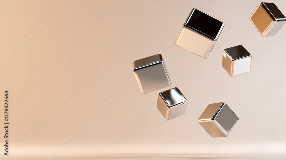 Leinwandbilder metallic cubes of different sizes are levitating on a soft light brown background, creating a visual