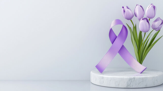 Purple day, epilepsy awareness concept. Purple Ribbon with Tulips on Marble Base - Powered by Adobe