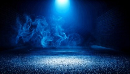 Empty background scene. Dark street reflection on wet asphalt. Rays of neon light in the dark, neon figures, smoke. Background of empty stage show. Abstract dark background.