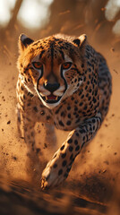 Powerful cheetah running through dusty savanna at sunset, showcasing speed and agility.