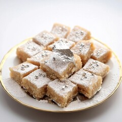 Traditional Indian Sweets on Elegant Plate with Decorative Silver Foil and Powdered Sugar